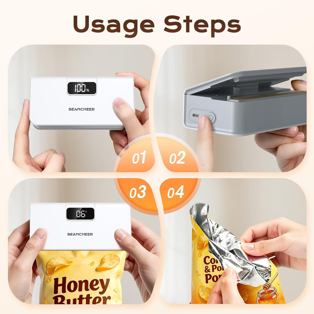 Rechargeable Mini Bag Sealer, 6 Heat Levels with Magnet & Cutter