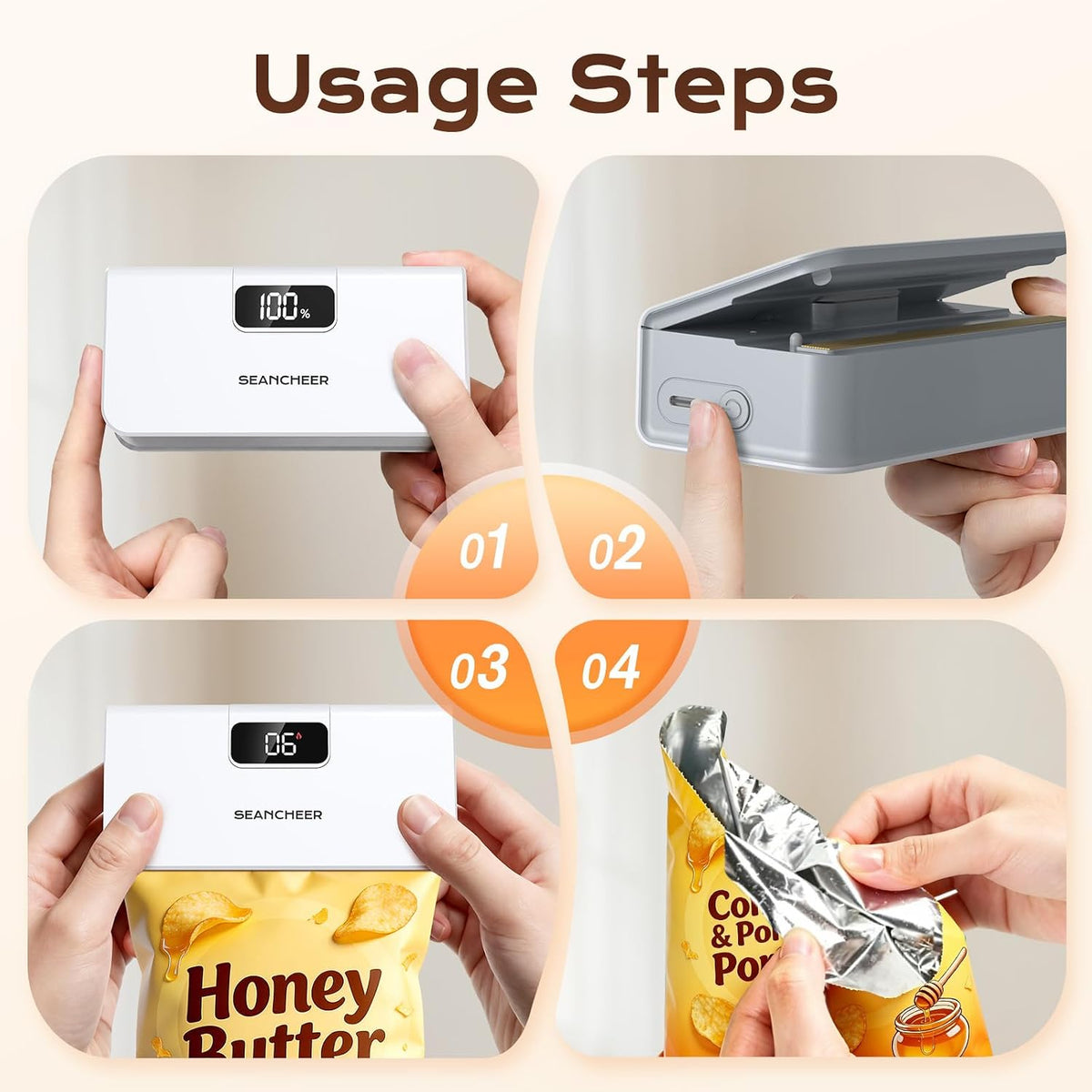 Rechargeable Mini Bag Sealer, 6 Heat Levels with Magnet & Cutter