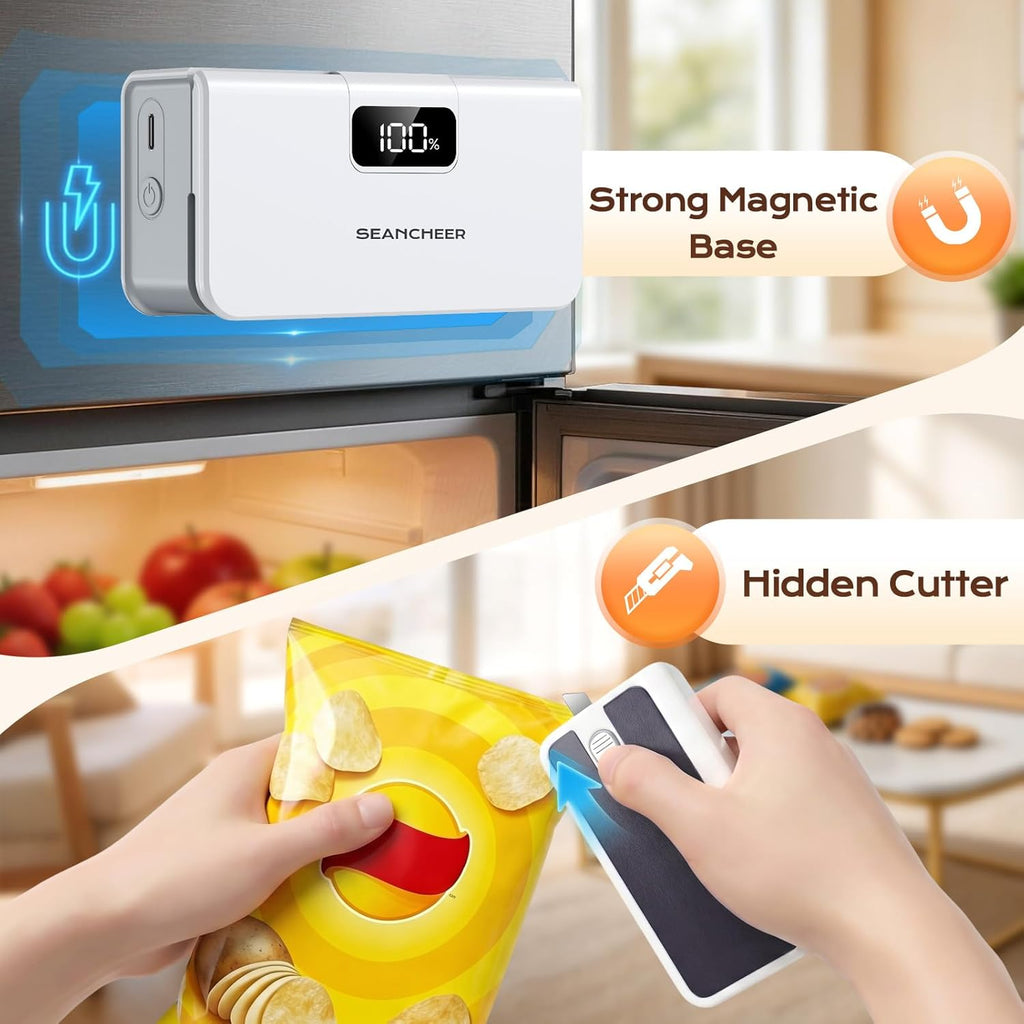 Rechargeable Mini Bag Sealer, 6 Heat Levels with Magnet & Cutter