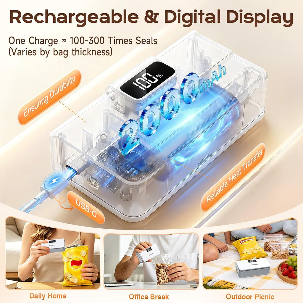 Rechargeable Mini Bag Sealer, 6 Heat Levels with Magnet & Cutter